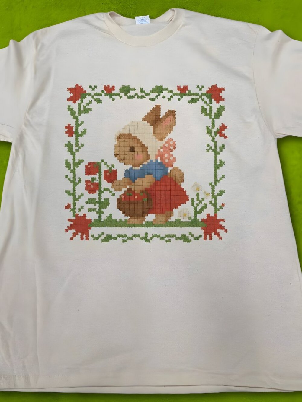 Vintage Style Bunny Cross Stitch Tee White printed t-shirt